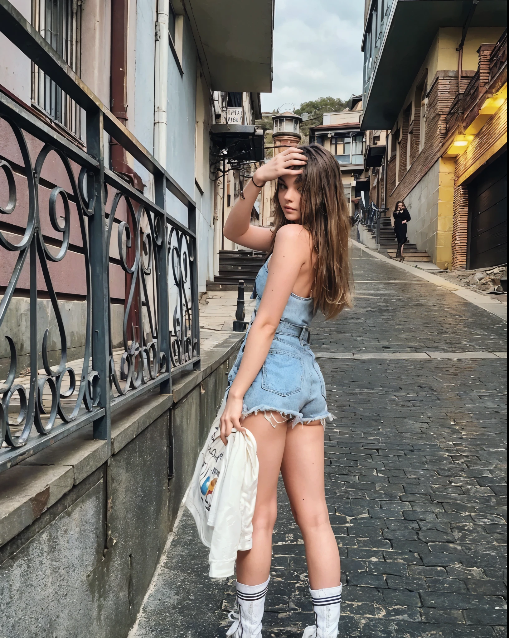 Camren Bicondova, (((woman))), (((best quality person))), (masterpiece、highest quality:1.2), cowboy shot, solo, 1 girl, shirase sakuya, laughter, look at the audience, high ponytail, , collared shirt, tie, skirt、black leather thigh boots、high heels、expensive、long legs、thighs thighs thighs、full body image、expensive、Absolute area、european face
