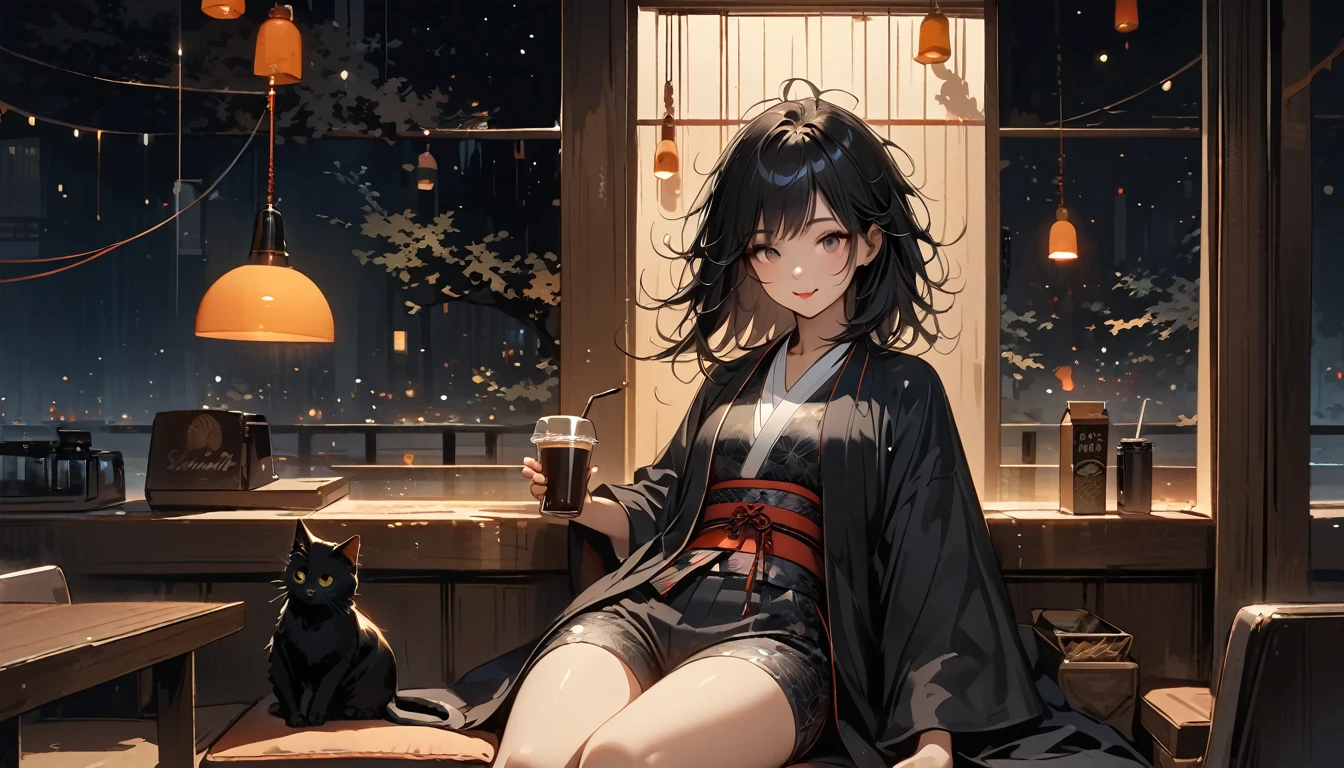((Masterpiece, high resolution, highest quality, highest quality real texture skin)), (1 girl), (wearing Japanese pattern headphones), (slender, double round and large Eyes, tongue slightly sticking out, beautiful lips, whole body), (wearing Japanese pattern haori: 1.4, Japanese pattern shorts: 1.3) , (black hair, beautiful shiny hair, bob, beige skin), (((Smiling and drinking iced coffee))), (((A relaxing cafe in the middle of the night))), (((Warm lighting))), (((One black cat))), (Black hair, messy hair, beige skin), (Surreal, digital painting)