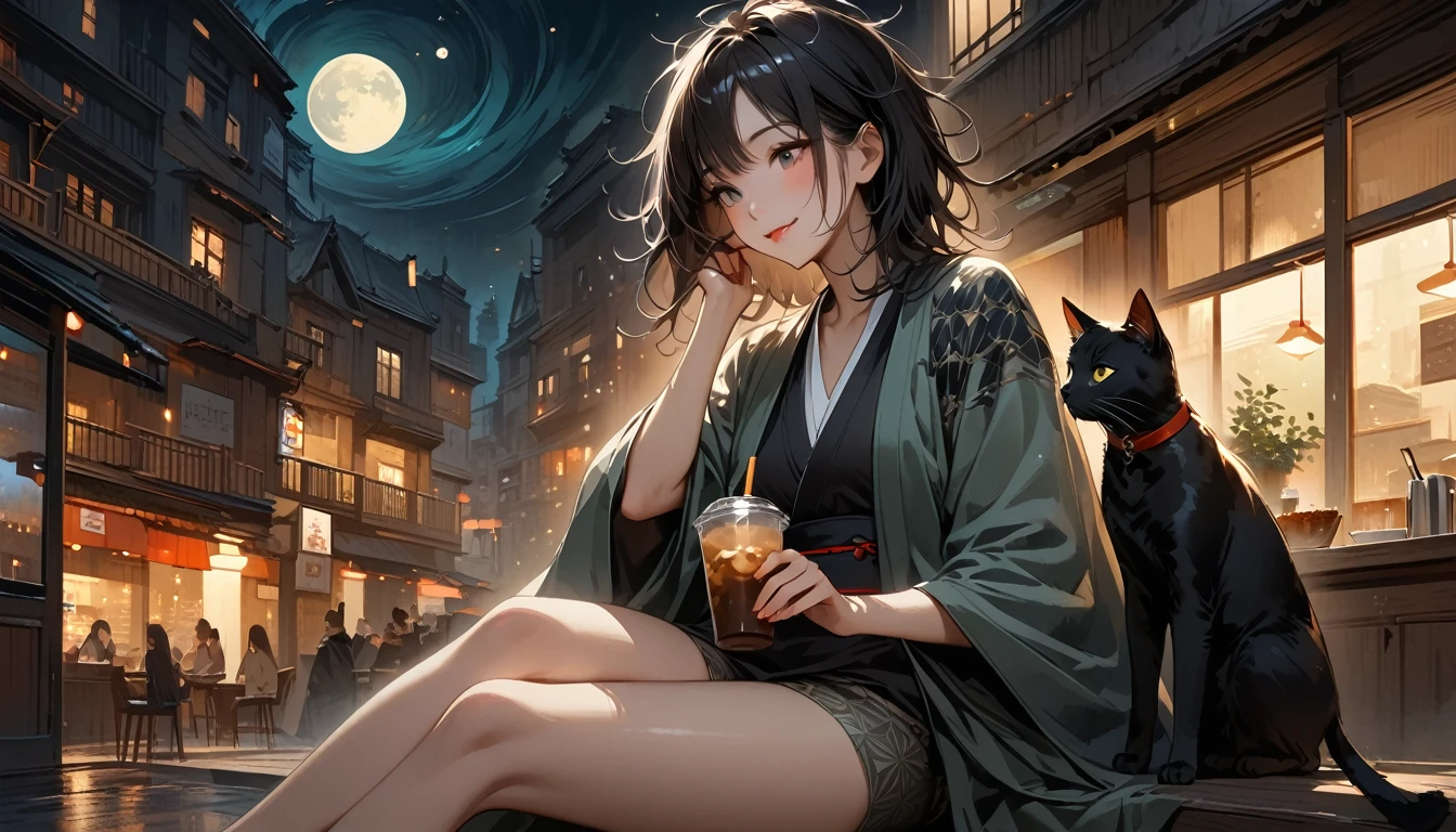 ((Masterpiece, high resolution, highest quality, highest quality real texture skin)), (1 girl), (wearing Japanese pattern headphones), (slender, double round and large Eyes, tongue slightly sticking out, beautiful lips, whole body), (wearing Japanese pattern haori: 1.4, Japanese pattern shorts: 1.3) , (black hair, beautiful shiny hair, bob, beige skin), (((Smiling and drinking iced coffee))), (((A relaxing cafe in the middle of the night))), (((Warm lighting))), (((One black cat))), (Black hair, messy hair, beige skin), (Surreal, digital painting)