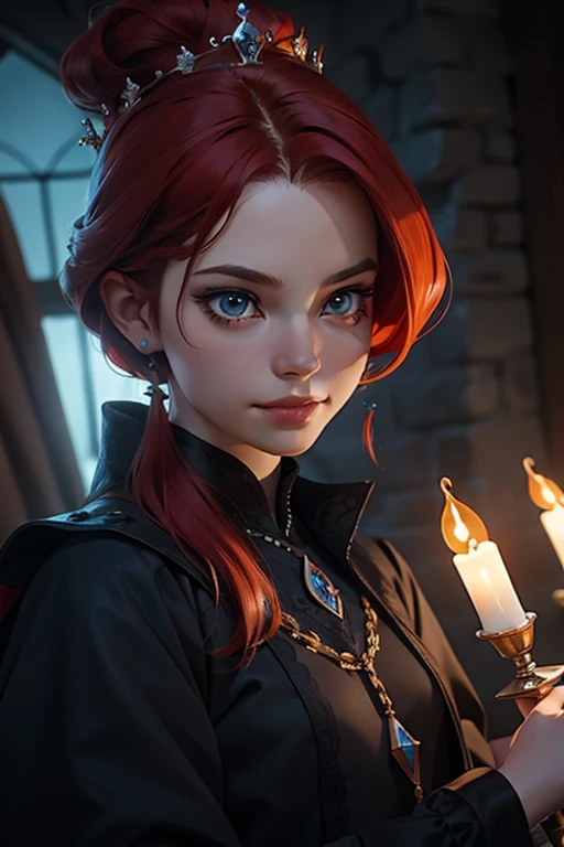 Princesa das trevas com os olhos de sangue, red hair, crown, evil smile, anime style, lens flare, high detail, first-person view, cinematic lighting, masterpiece, super detail, best quality, 8k, UHD((Dutch angle)) gloomy black castle setting, Sensual and arrogant princess 