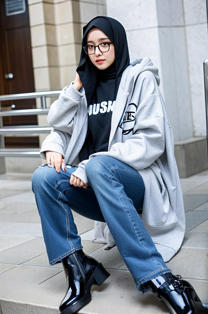 Cute hijab girl wearing glasses, hoodie oversize, long pants jeans tight and shiny black boots is holding urine