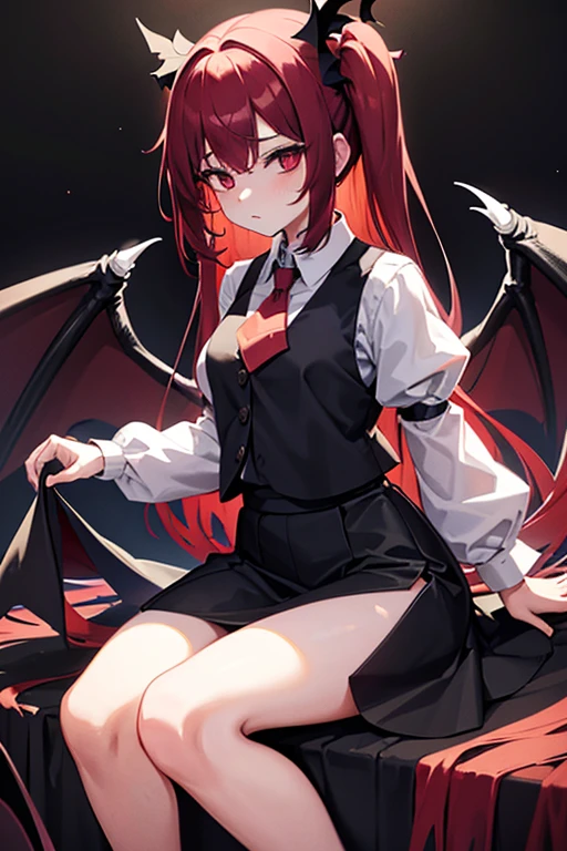 best_quality beautiful_lighting 8k masterpiece {{{1girl}}} {{solo}} {{{moe}}} {{{kawaii}}} {{{pixiv}}} {{{black outline}}} game_CG official_art atrium {{{koakuma}}} {{touhou}} {crimson hair} {vest} {black skirt} {long skirt} {red necktie} {white shirt} {{bat wings}} masterpiece
