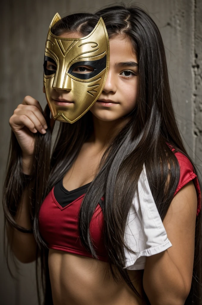  girl with long hair and a wrestling mask in her hand 