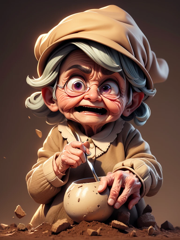 a very old woman, wrinkled face, digging soil with a tiny spoon, amusing expression, comical, humorous, meme, surreal, whimsical, (best quality, 8k, highres, masterpiece:1.2), ultra-detailed, photorealistic, cinematic lighting, dramatic shadows, vibrant colors