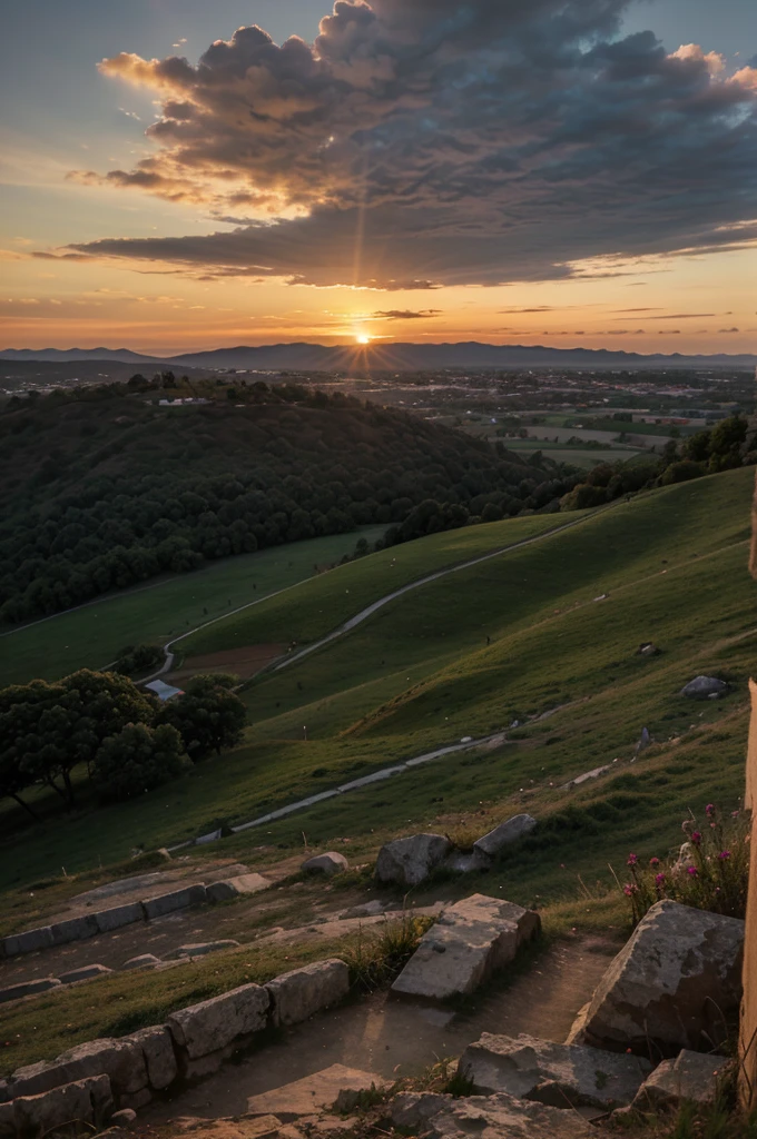 sunset view from the top of the hill with clouds in the background