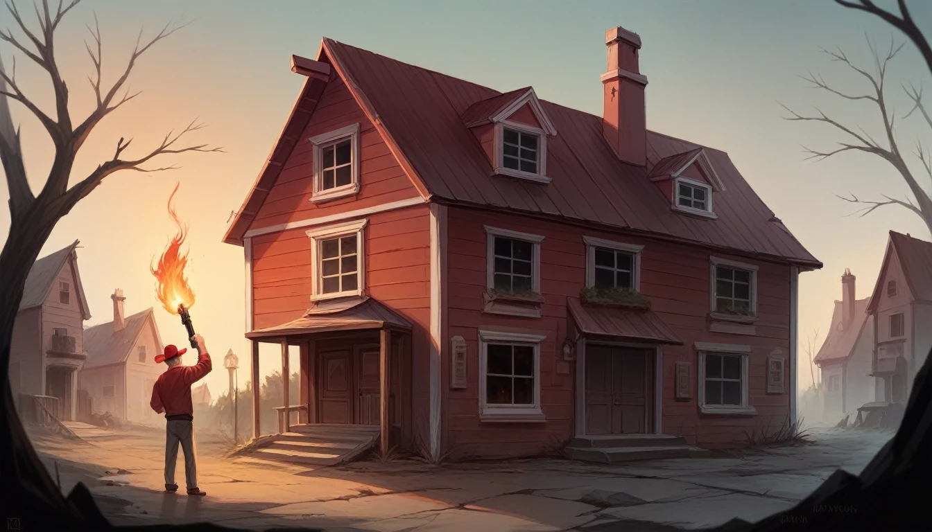 realistic a old house behind the male character which eqip a red cap, carry handgun with torch, dark back ground, the house is abandoned and fire 🔥in the house, the male looking to viewer showing his magnum gun, house is roasting behind male,the dark scenes, real life,high resolution, ultra HD, high definition, HD, 4K.