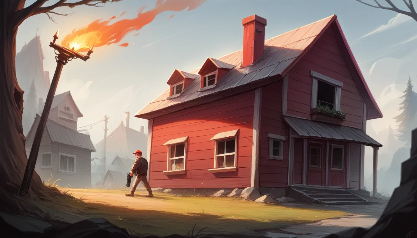 realistic a old house behind the male character which eqip a red cap, carry handgun with torch, dark back ground, the house is abandoned and fire 🔥in the house, the male looking to viewer showing his magnum gun, house is roasting behind male,the dark scenes, real life,high resolution, ultra HD, high definition, HD, 4K.