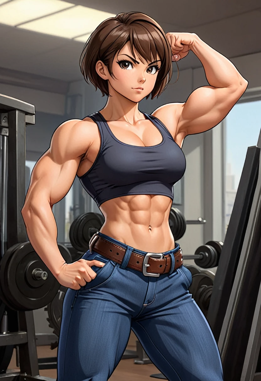 full body animebuilder girl flexing her hugebiceps, short hair, abs, belt, hands on hips, brown hair, biceps, obliques, pants