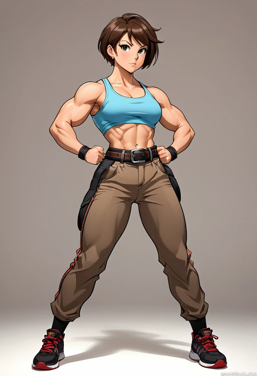 full body animebuilder girl flexing her hugebiceps, short hair, abs, belt, hands on hips, brown hair, biceps, obliques, pants