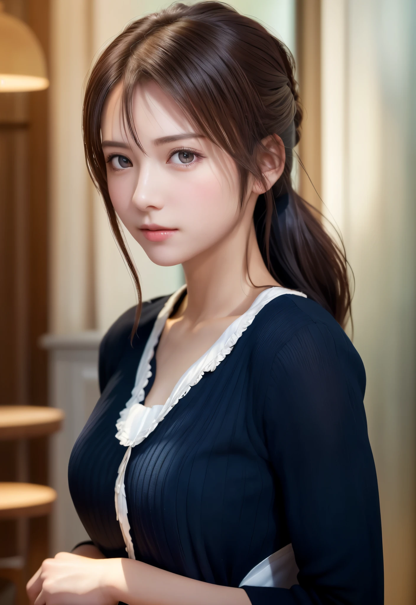 8K, of the highest quality, masutepiece:1.2), (Realistic, Photorealsitic:1.37), of the highest quality, masutepiece, Beautiful young woman, Pensive expression,、A charming、and an inviting look, Cute Maid Clothes, Hair tied back, Cinematic background, Light skin tone