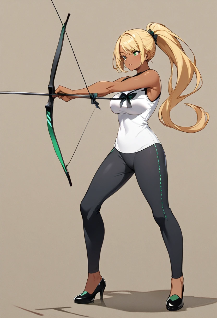 girl, mature, blond hair, ponytail, green eyes, dark skin, using a bow, 3 tails, full body