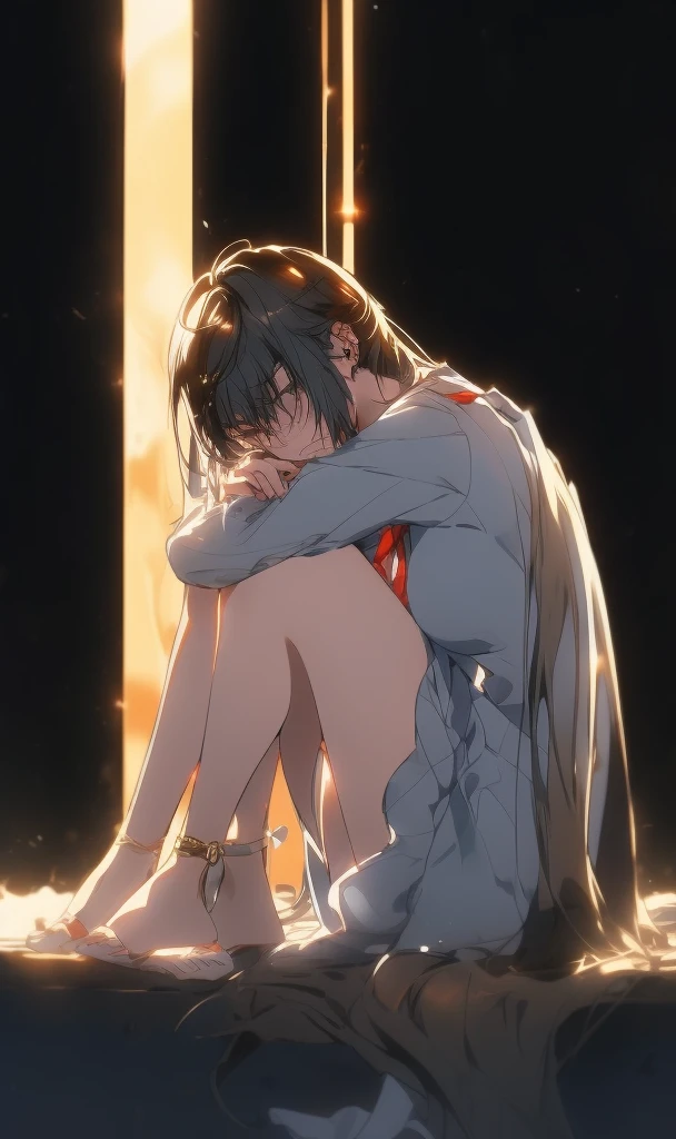 Anime Frau sitting on the floor with her head in her hands, the Anime Frau is crouching, Anime Frau with long hair, ( ( Makoto Shinkai ) ), Ilya Kuvshinov mit langen Haaren, beautiful Anime Frau squatting, deprimierter, trauriger Gesichtsausdruck, makise kurisu, (Anime Frau), Makoto Shinkai. digital render, depressed girl portrait