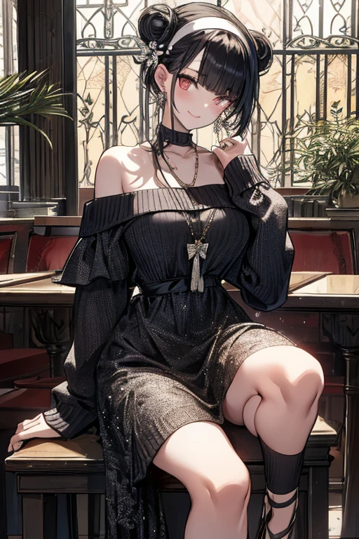 (((Masterpiece))),(((Super Detail))),(((in 8K))),(((best composition))),(((Rim lighting,Fireglow effect,deep shadow))),solo),Beautiful fingers,Detailed finger features,(Detailed hair features:1.7),(Dynamic and sexy bending pose:1.3),detailed facial features,detailed clothes features, (perky chest:1.1), (pointed chest:1.3), delicate beautiful face, Bright blue eyes, cute eyes, sparkling eyes, Big eyes, beautiful detailed eyes,double bun with glittering hair ornament:0.6,(super detailed glossy skin:1.3),slender body,goddess smile,((with sparkling eyes and a contagious smile)),beautiful posture,have a cup of coffee,black hair, red eyes, dress, bare shoulders, jewelry, collarbone, sidelocks, hairband, earrings, indoors, off shoulder, sweater, arms behind back, plant, short hair with long locks, white hairband, off-shoulder dress, sweater dress, off-shoulder sweater, red sweater, big side hair, very long side hair,(super delicate floral pattern:1.2),seductive cleavage:1.3,beautiful glossy legs,shiny red high heels,lifting dishes with cakesd,french restaurant,hustle and bustle,rising steam,(((depth of fields)))
