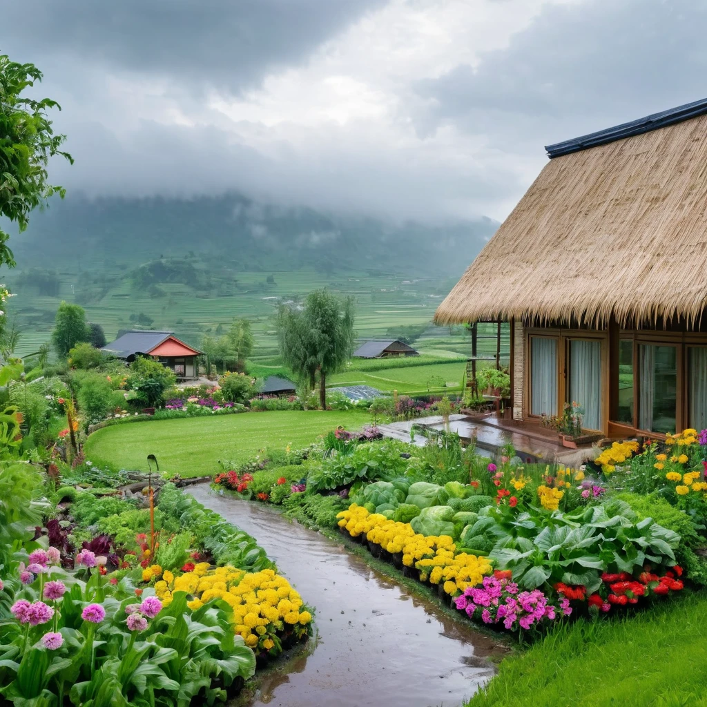 view from far, cottage, the sacred symbol of nature, A straw house (resort-style house), garden around the house with flowers and vegetables. In front of the house is a valley. scenery, a rainy day.
