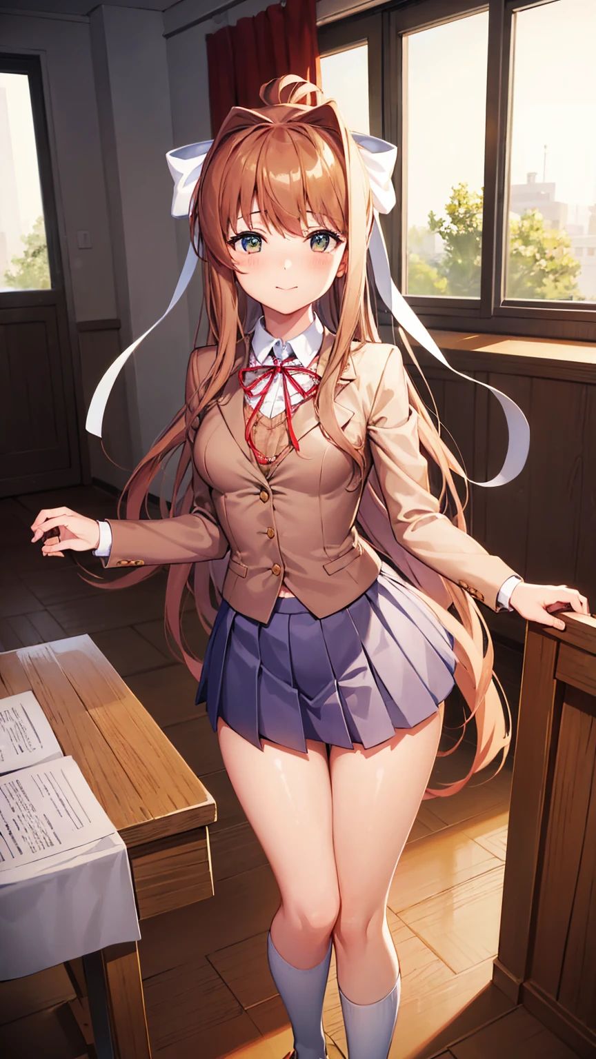 1girl, solo, small breast ((monika from doki doki literature club)) mouth closed, happy, in the classroom alone, detailed light, , full body view