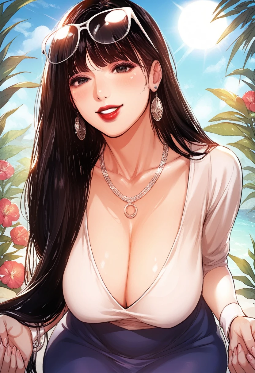 Hot sexy beautiful milf mom holding her breasts in hands , cleavage,saggy shirt, stocking,skirt,slender body, detailed lips rings ,black blunt hair,black eyes,white sun glasses on head, detailed ear, cuff earrings , alluring face, smiling, necklace , red lipstick big ass,