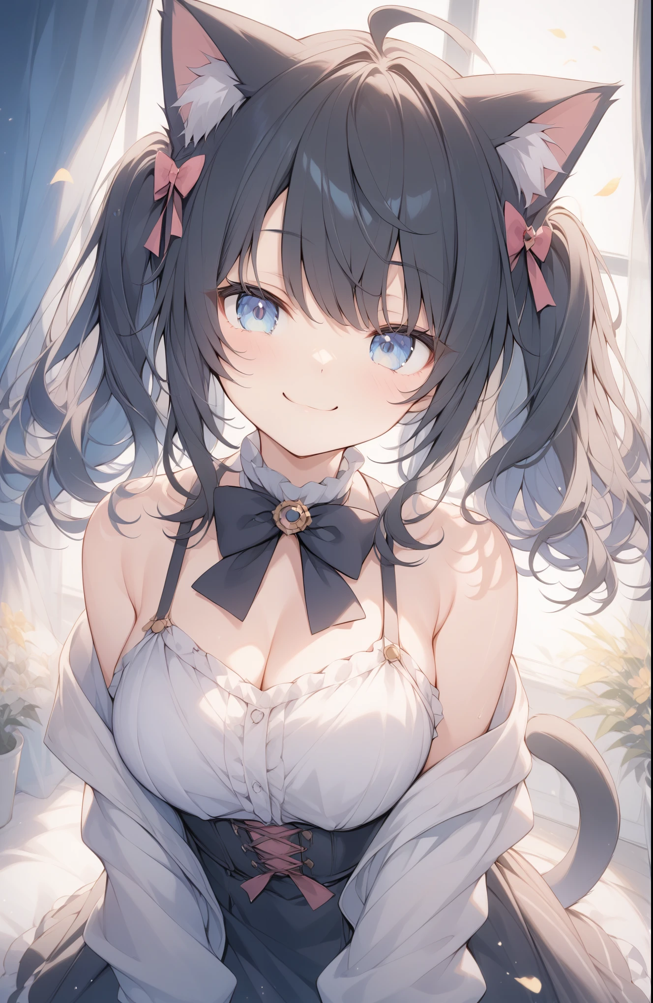 超High resolution, Attention to detail, high quality, High resolution, 最high quality, 4K, 8k, Awards, (artwork)、((Black cat)),Black hair twin tails、Female student、uniform、cute、Blue Eyes、((I have a cat on my head))、Smug face、Cat mouth