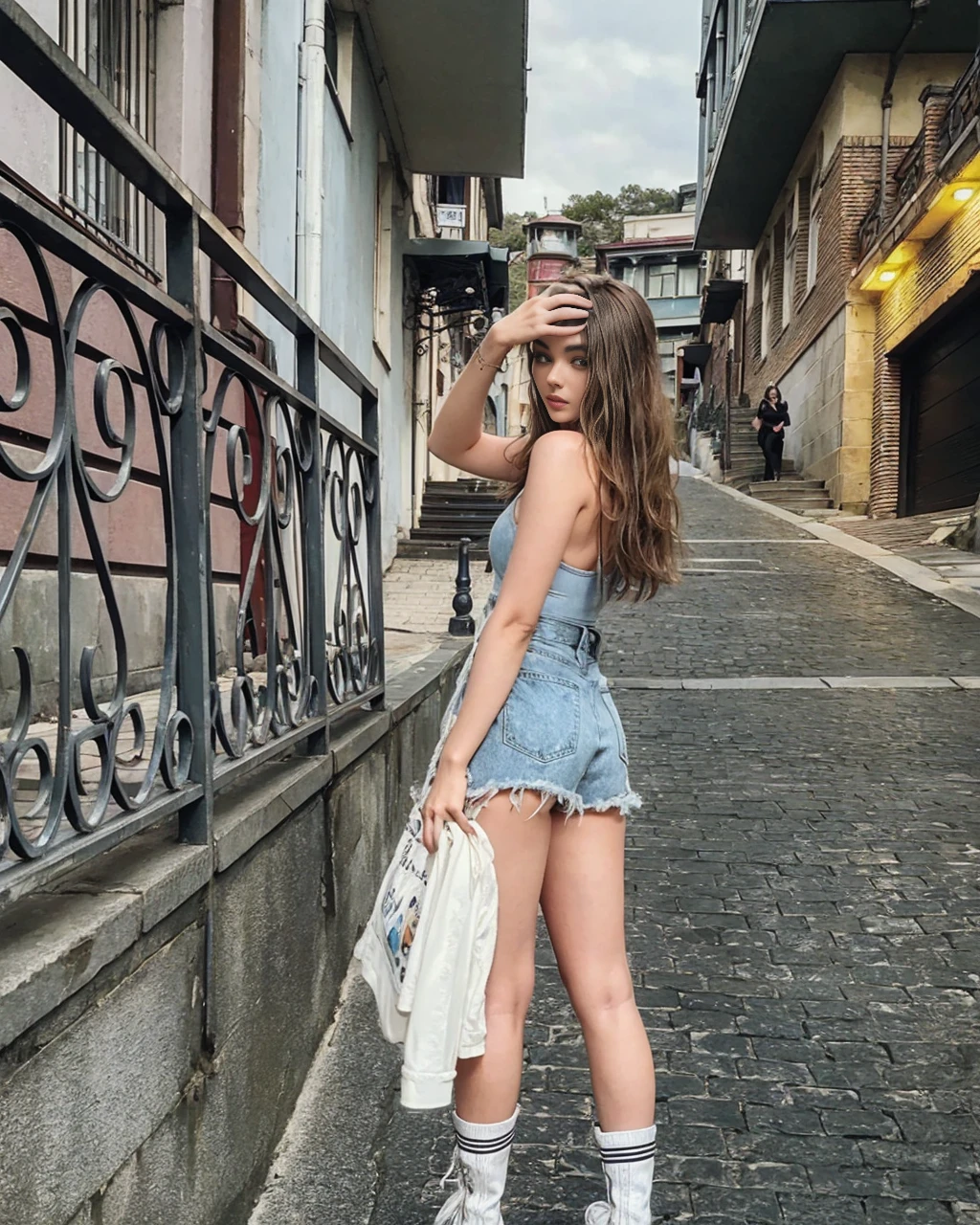 Camren Bicondova, (((woman))), (((best quality person))), (masterpiece、highest quality:1.2), cowboy shot, solo, 1 girl, shirase sakuya, laughter, look at the audience, high ponytail, , collared shirt, tie, skirt、black leather thigh boots、high heels、expensive、long legs、thighs thighs thighs、full body image、expensive、Absolute area、european face