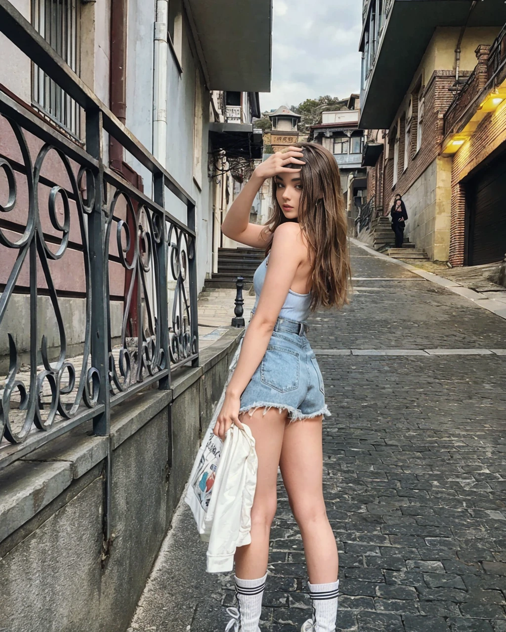 Camren Bicondova, (((woman))), (((best quality person))), (masterpiece、highest quality:1.2), cowboy shot, solo, 1 girl, shirase sakuya, laughter, look at the audience, high ponytail, , collared shirt, tie, skirt、black leather thigh boots、high heels、expensive、long legs、thighs thighs thighs、full body image、expensive、Absolute area、european face