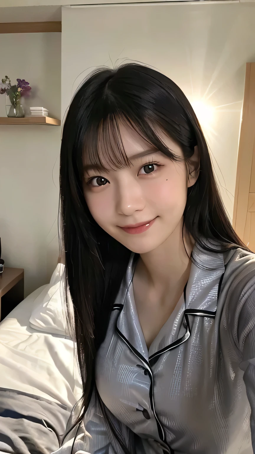 (Highest quality,masterpiece:1.3,Ultra-high resolution),(Very detailed,Caustics,16K),(Realistic:1.4,RAW shooting),Ultra-Realistic Capture,Human skin close-up,Natural skin texture,The pores are detailed enough to be easily identified,Healthy Skin and Even Tone,Use natural light and color,18-year-old,Japanese,cute,Long black hair,I'm looking at the camera with a smile on my face,Big Breasts,Waist up shot,(Face Focus:1.2),(Face close-up:1.2),(Low position:1.3),(Low Angle:1.3),(Night bets),Lens flare,On the bed、In pajamas、Wearing pajamas