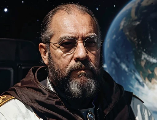 general Carlos permanece ( de costa )a uma  janela enorme da nave espacial observando o estranho planeta cinza e vermelho. General Carlos has a large, voluminous white beard, he has a general&#39;s hat on his head, he wears a modern uniform, he is gesturing with his hands to the spectators, he is plump, chubby, extremely thick thighs, large belly, fat, age 65, he holds a mug of hot coffee