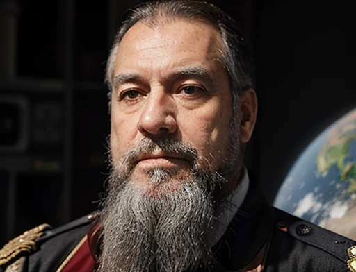 general Carlos permanece ( de costa )a uma  janela enorme da nave espacial observando o estranho planeta cinza e vermelho. General Carlos has a large, voluminous white beard, he has a general&#39;s hat on his head, he wears a modern uniform, he is gesturing with his hands to the spectators, he is plump, chubby, extremely thick thighs, large belly, fat, age 65, he holds a mug of hot coffee