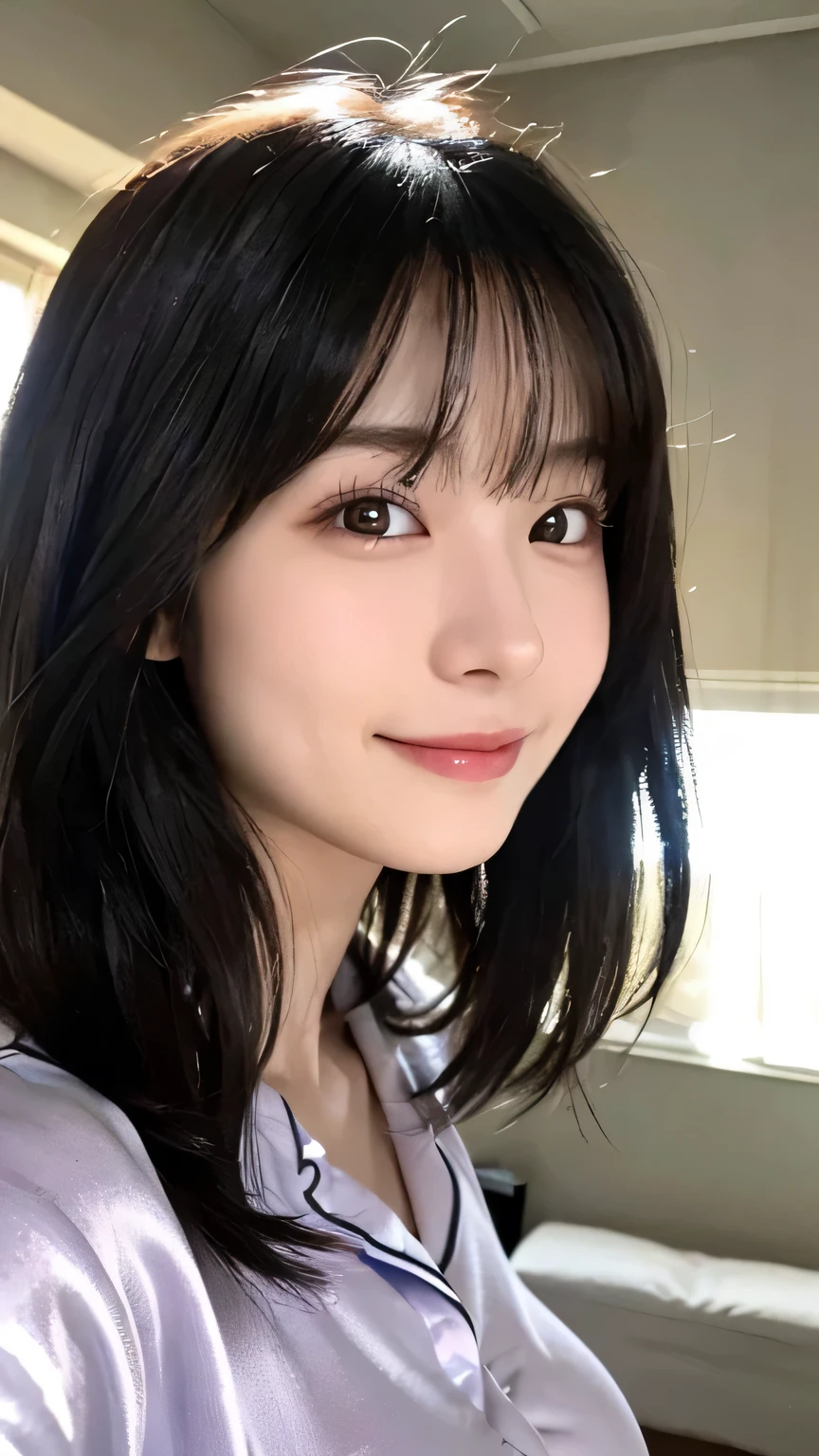 black hair, grin, Surrealism, first-person view, UHD, retina, masterpiece, accurate, anatomically correct, super detail, textured skin, high details, high quality, award winning, best quality, highres, 1080P, HD, 4K, 8k, 16k