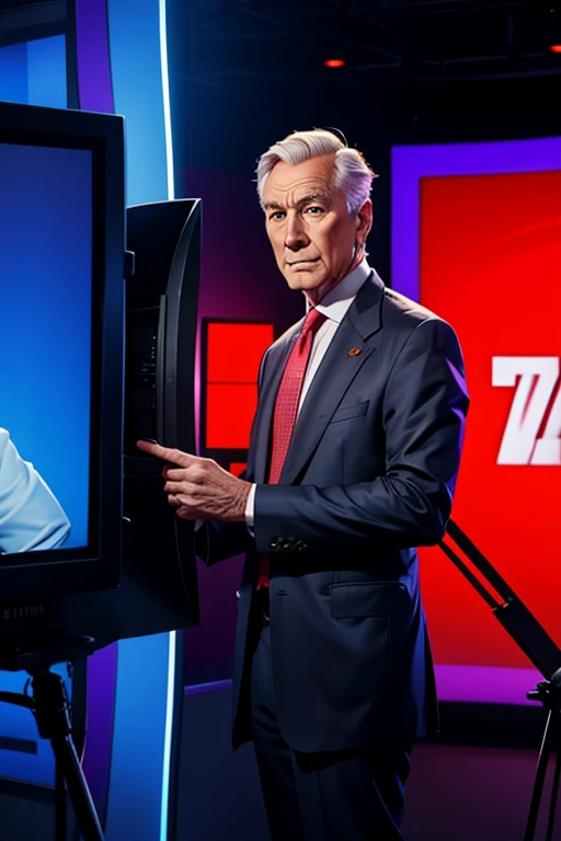 Three quarter face view of 70 year male TV news presenter