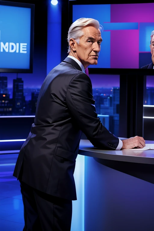 Three quarter face view of 70 year male TV news presenter