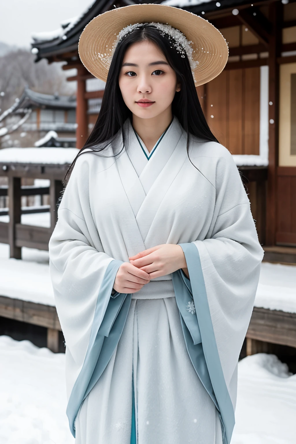 “Imagine a serene snowy landscape at night, illuminated by the soft glow of the moon. In the midst of the falling snowflakes stands Yuki-onna, the snow woman of Japanese folklore. She is ethereal and hauntingly beautiful, with long, flowing black hair and pale skin that glows against the dark sky. Her kimono is traditional and elegant, perhaps a shade of white or pale blue to reflect her icy domain. The fabric moves gently with the breeze, its patterns reminiscent of winter’s touch. Her eyes are piercing, yet they hold a depth of sorrow that tells of her long existence. The setting around her should be tranquil but chilling, with traditional Japanese architecture fading into the background, their shapes obscured by the thick snowfall. The overall atmosphere should capture the serene yet eerie essence of this supernatural being.