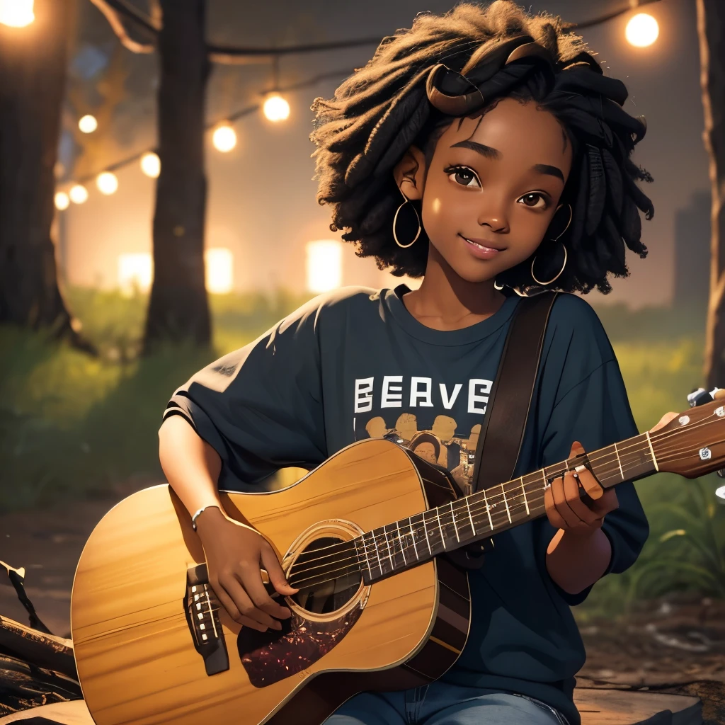 masterpiece, best quality), deep ebony 1girl, beautiful face, short Afro braids , cute, , beautify, Lofi vibe,, cute night vibe, concentrated, hands outside of the picture , chill clothing, cute look, clothing is dry and baggy, small breasts, teen vibe, cute smile, outside, guitar, camp fire