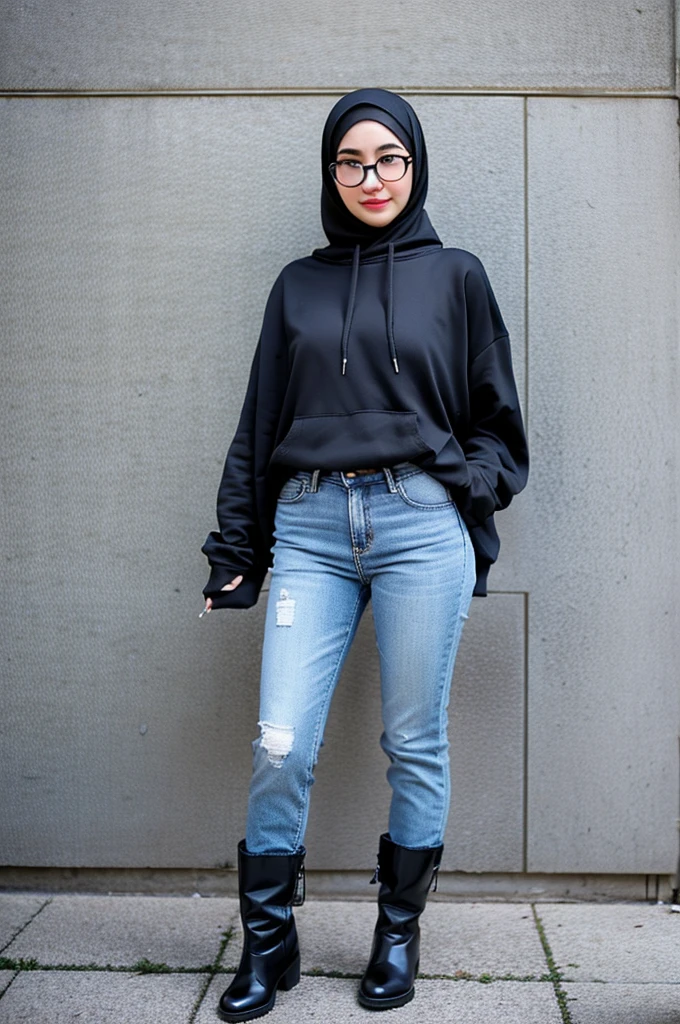 Cute hijab girl wearing glasses, hoodie oversize, long pants jeans very tight and shiny black boots is desperate to pee