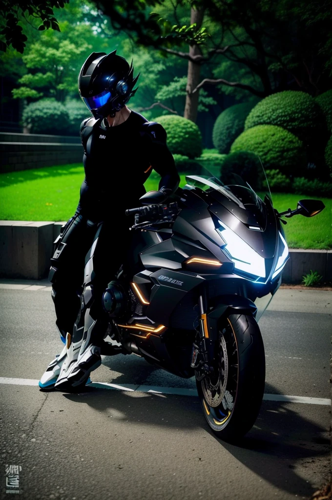 Muscular，Handsome full body black mecha White short hair cyber handsome warrior, Black cybernetic motorcycle, High-tech black full face helmet, White short hair, Noel, biology, MSHN Staff, High-tech helmet, Surrealism, steel, Complex design, Crazy details, Fine details, The lines are very clear, Light, Photorealism, A meticulous masterpiece