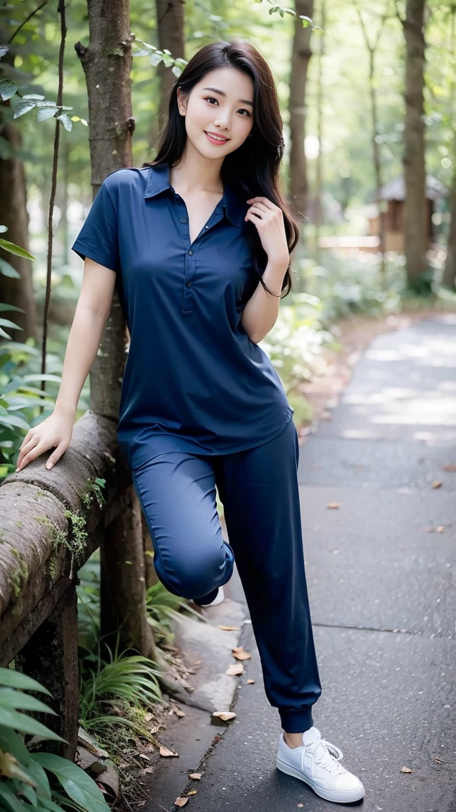 masterpiece, best quality, Surreal, Ultra Detailed, 8k resolution, RAW photos, Clear focus, (A girl in the forest), ((navy blue shirt:1.1)), Short sleeve, Long sweatpants,Breast bump，Full body posture, Solitary, Perfect body, Become a, 32 inches in the chest,(a charming smile:1), (sexy pose)，26 years old, light,White shoes