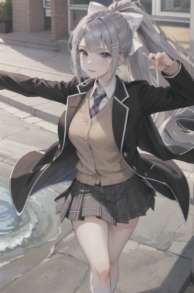 masterpiece, Highest quality, High resolution, higuchi kaede, One girl, Virtual YouTuber, alone, Long Hair, Mole under the eye, skirt, tie, Jacket, Purple eyes, socks, ponytail, hair ornaments, white bow, hair bow, bow, blazer, very Long Hair, purple tie, pleated skirt, white socks, Hair Clip, Open clothes, cardigan, , Knee-high, Grey Hair, black Jacket, shirt, collared shirt, Plaid, open Jacket, bangs, Plaid skirt, miniskirt, tachi-e, white shirt, Long sleeve, grey skirt, Too big breasts, Tight clothes,Plaid tie, Are standing, Cowboy Shot, Scorned face,