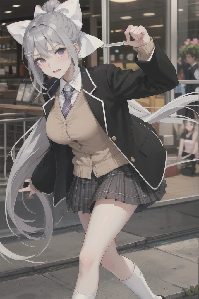 masterpiece, Highest quality, High resolution, higuchi kaede, One girl, Virtual YouTuber, alone, Long Hair, Mole under the eye, skirt, tie, Jacket, Purple eyes, socks, ponytail, hair ornaments, white bow, hair bow, bow, blazer, very Long Hair, purple tie, pleated skirt, white socks, Hair Clip, Open clothes, cardigan, , Knee-high, Grey Hair, black Jacket, shirt, collared shirt, Plaid, open Jacket, bangs, Plaid skirt, miniskirt, tachi-e, white shirt, Long sleeve, grey skirt, Too big breasts, Tight clothes,Plaid tie, Are standing, Cowboy Shot, Scorned face,