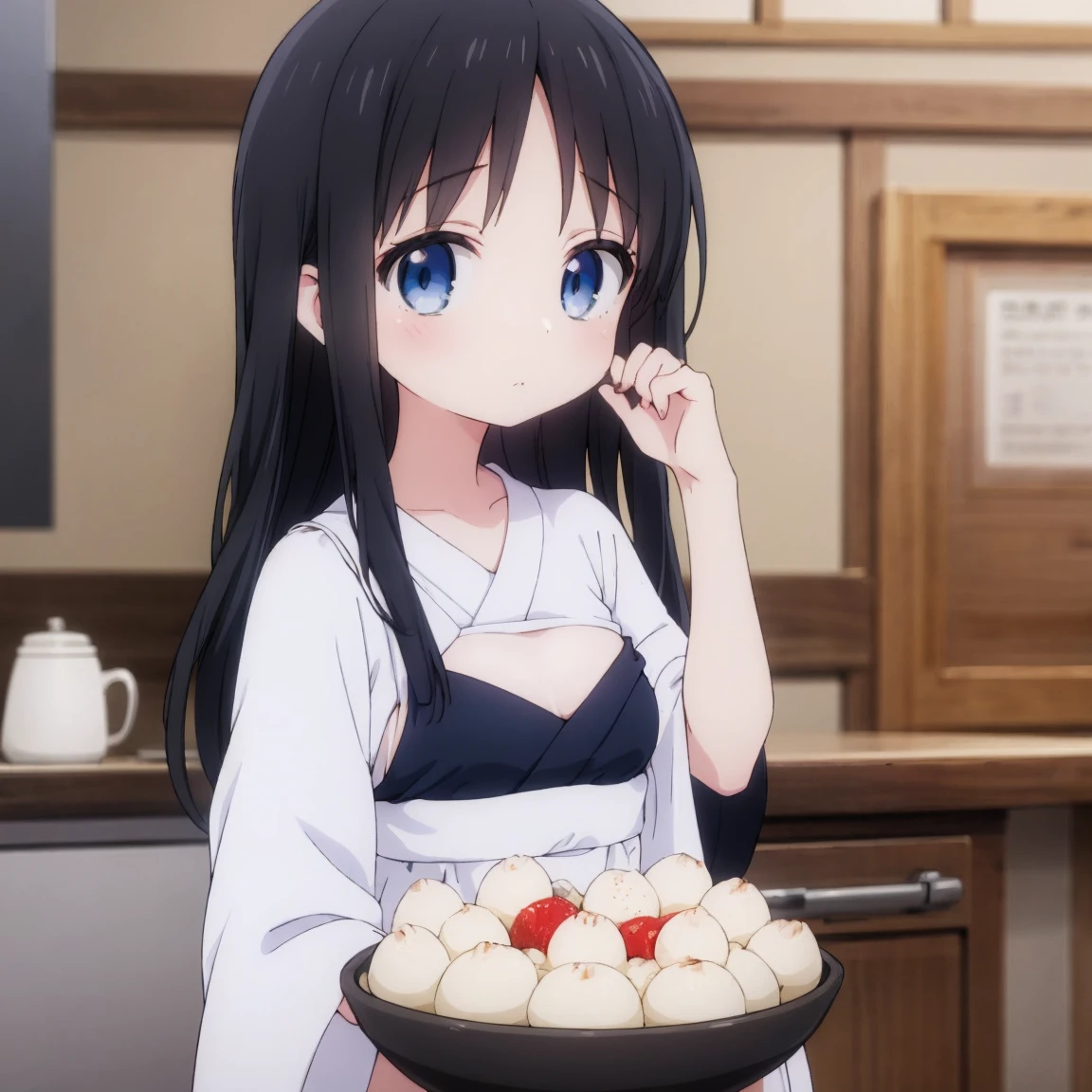 Highest quality, movie quality, craftsman girl making Japanese sweets, background (kitchen), girl wearing Japanese kappo clothes, girl (15 years old, black hair, beautiful girl, small breasts, cute)