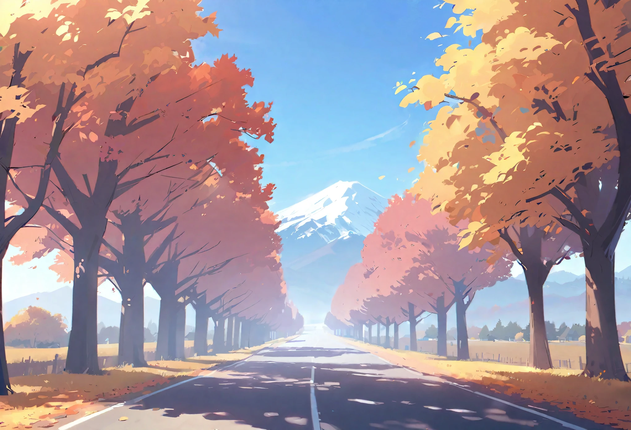 Country roads in autumn, blue sky, Mountains in the distance