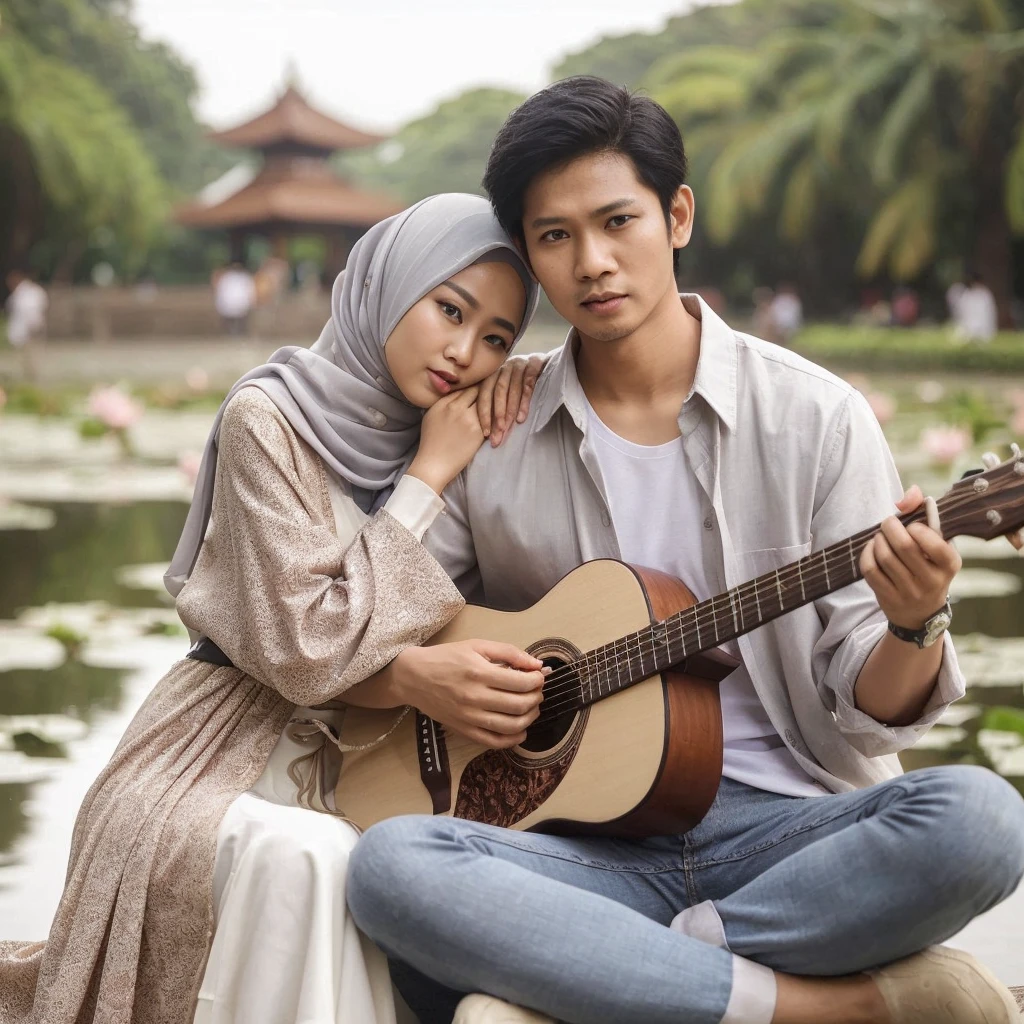 full body menampilkan foto resolusi tinggi super HD couple sweet asia. seorang wanita cantik asia berhijab memakai gamis lengan panjang sedang duduk memeluk suaminya yang tampan memakai kemeja memainkan gitar. mereka sedang di pinggir danau dengan taman yang indah. gambar terlihat nyata dan jelas