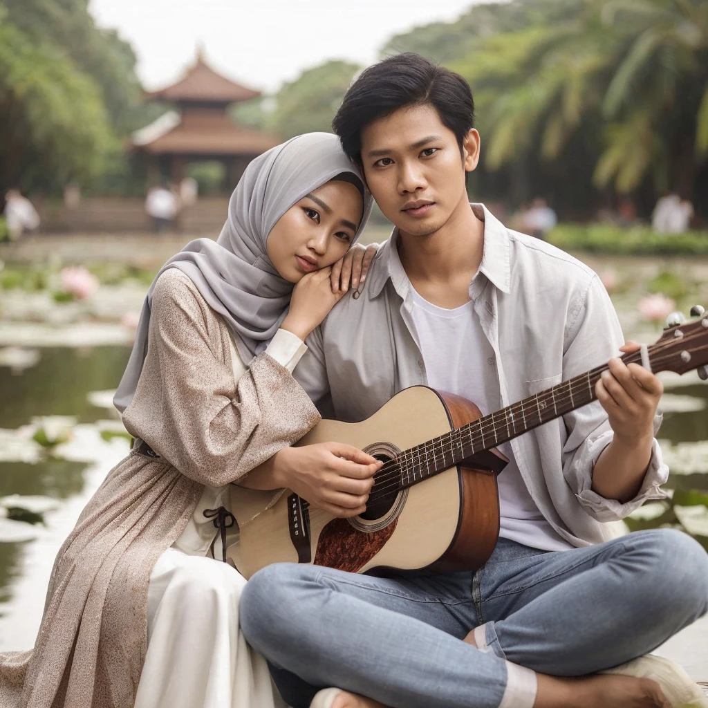 full body menampilkan foto resolusi tinggi super HD couple sweet asia. seorang wanita cantik asia berhijab memakai gamis lengan panjang sedang duduk memeluk suaminya yang tampan memakai kemeja memainkan gitar. mereka sedang di pinggir danau dengan taman yang indah. gambar terlihat nyata dan jelas
