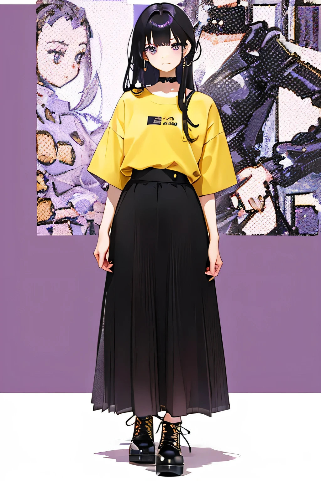 1 girl, anime style photo of suhuu suhas, anime girl with long black hair, purple eyes, slick back hair, bangs, smiling expression, doodle background, yellow oversized t-shirt shirt, black long skirt, white shoes, full body shot, sitting , choker around neck