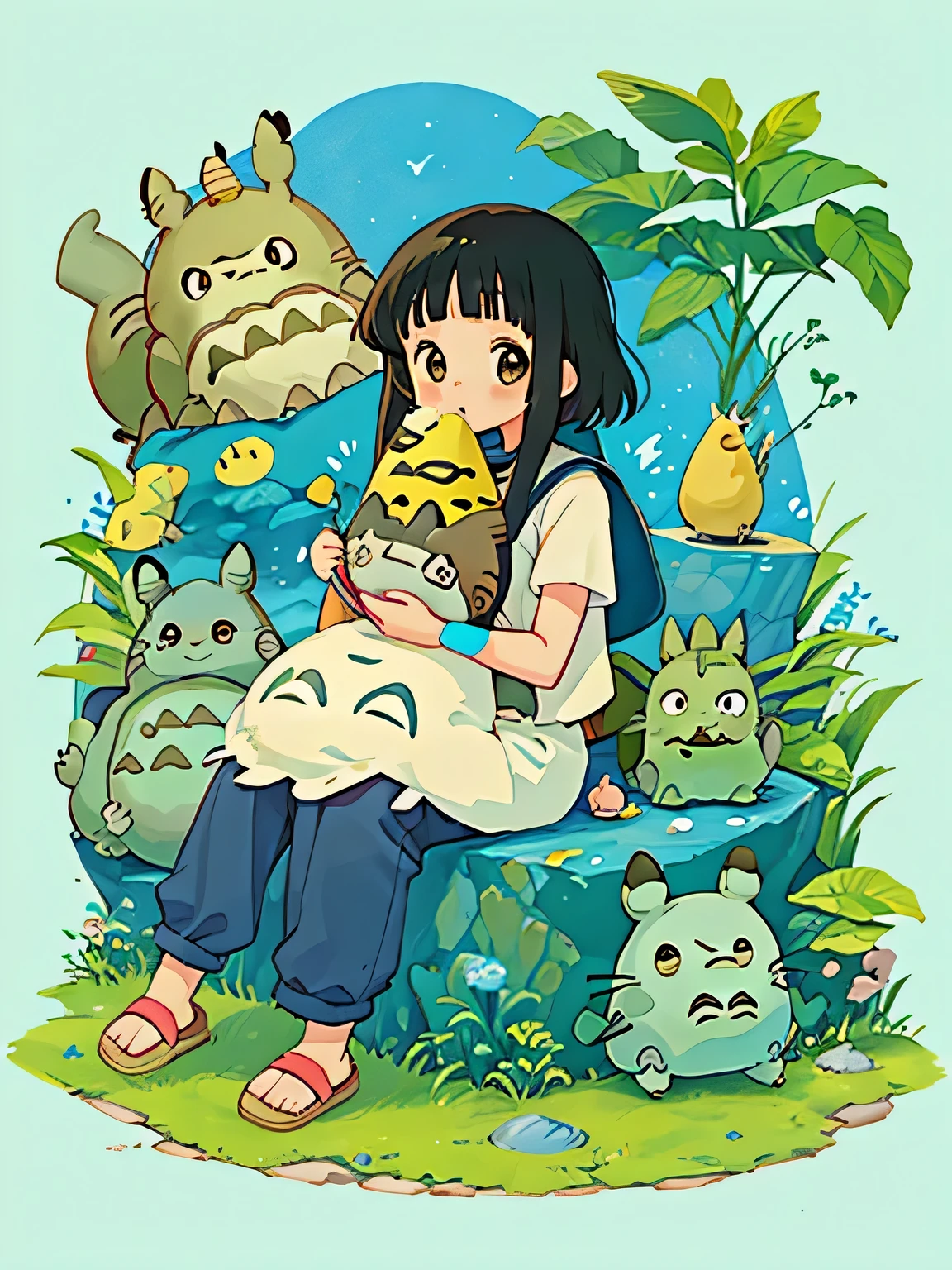Hayao Miyazaki style、Kawaii Design, ((most beautiful girl ever))、Chibi, (((expedition)))、((king of egypt)), Tutankhamun, Pikachu, (((Totoro))), Lunar Surface, Colorful and cute pillbugs