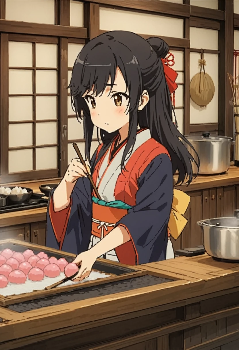 Highest quality, movie quality, craftsman girl making Japanese sweets, background (kitchen), girl wearing Japanese kappo clothes, girl (15 years old, black hair, beautiful girl, small breasts, cute)
