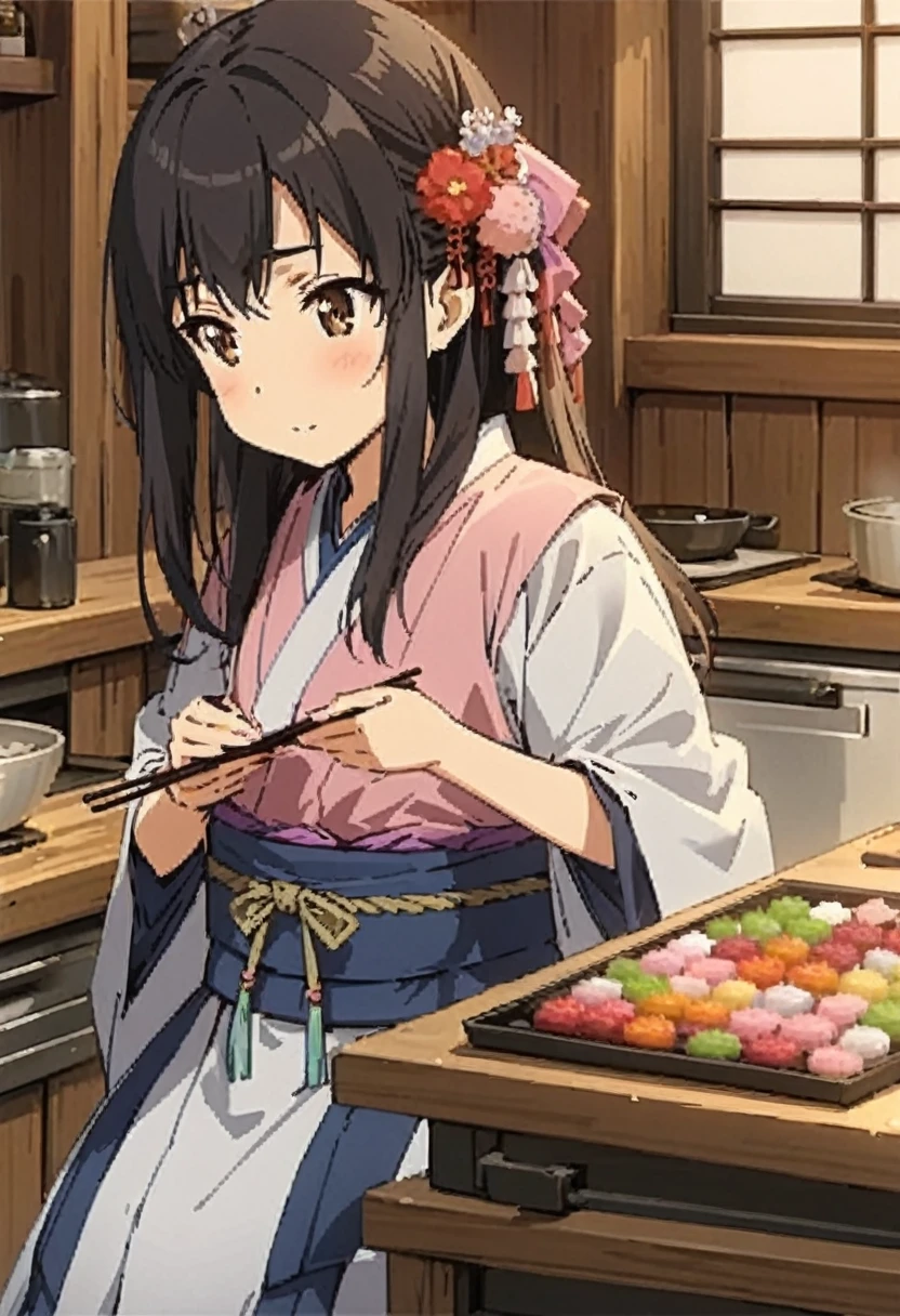 Highest quality, movie quality, craftsman girl making Japanese sweets, background (kitchen), girl wearing Japanese kappo clothes, girl (15 years old, black hair, beautiful girl, small breasts, cute)