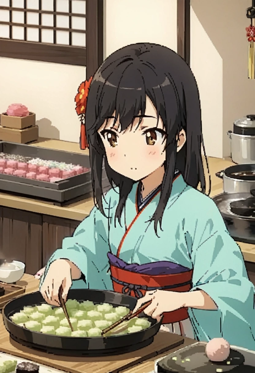 Highest quality, movie quality, craftsman girl making Japanese sweets, background (kitchen), girl wearing Japanese kappo clothes, girl (, black hair, beautiful girl, small breasts, cute)