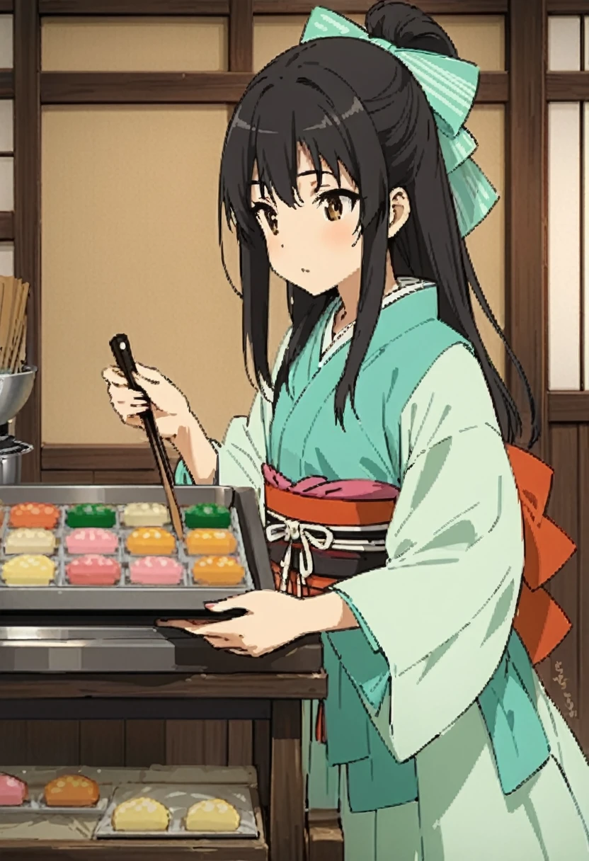 Highest quality, movie quality, craftsman girl making Japanese sweets, background (kitchen), girl wearing Japanese kappo clothes, girl (15 years old, black hair, beautiful girl, small breasts, cute)