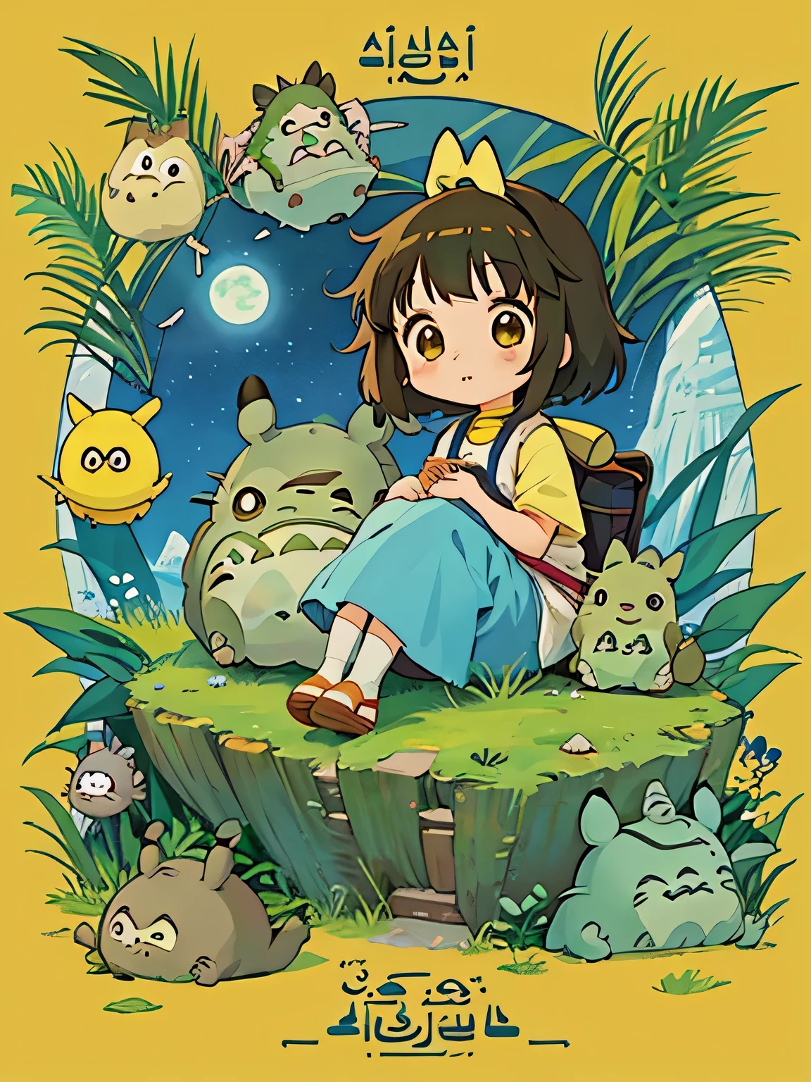 Hayao Miyazaki style、Kawaii Design, ((most beautiful girl ever))、Chibi, (((expedition)))、((king of egypt)), Tutankhamun, Pikachu, (((Totoro))), Lunar Surface, Colorful and cute pillbugs