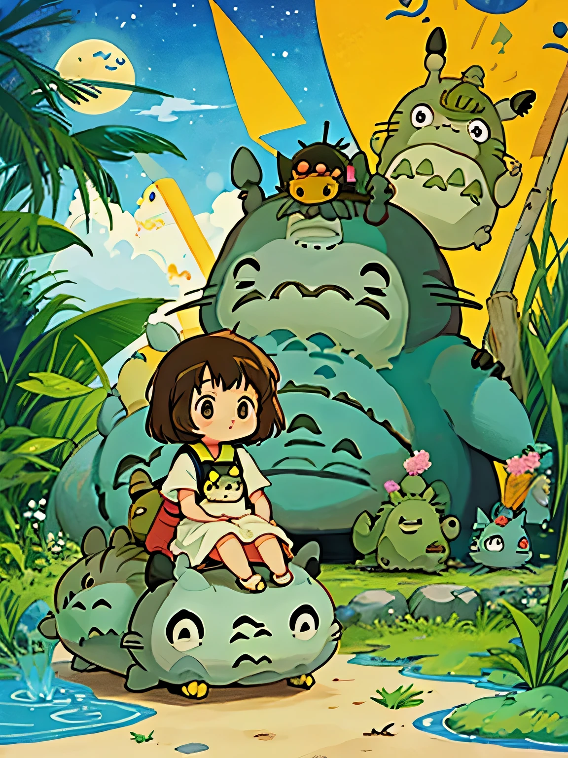 Hayao Miyazaki style、Kawaii Design, ((most beautiful girl ever))、Chibi, (((expedition)))、((king of egypt)), Tutankhamun, Pikachu, (((Totoro))), Lunar Surface, Colorful and cute pillbugs