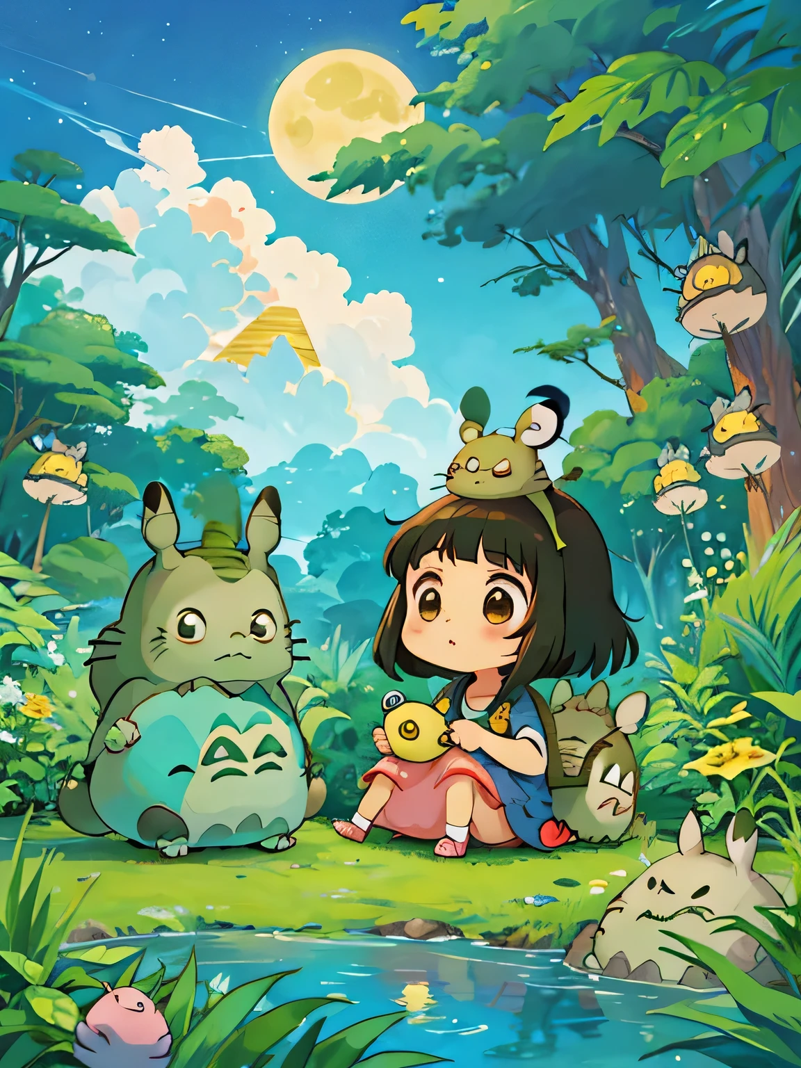 Hayao Miyazaki style、Kawaii Design, ((most beautiful girl ever))、Chibi, (((expedition)))、((king of egypt)), Tutankhamun, Pikachu, (((Totoro))), Lunar Surface, Colorful and cute pillbugs