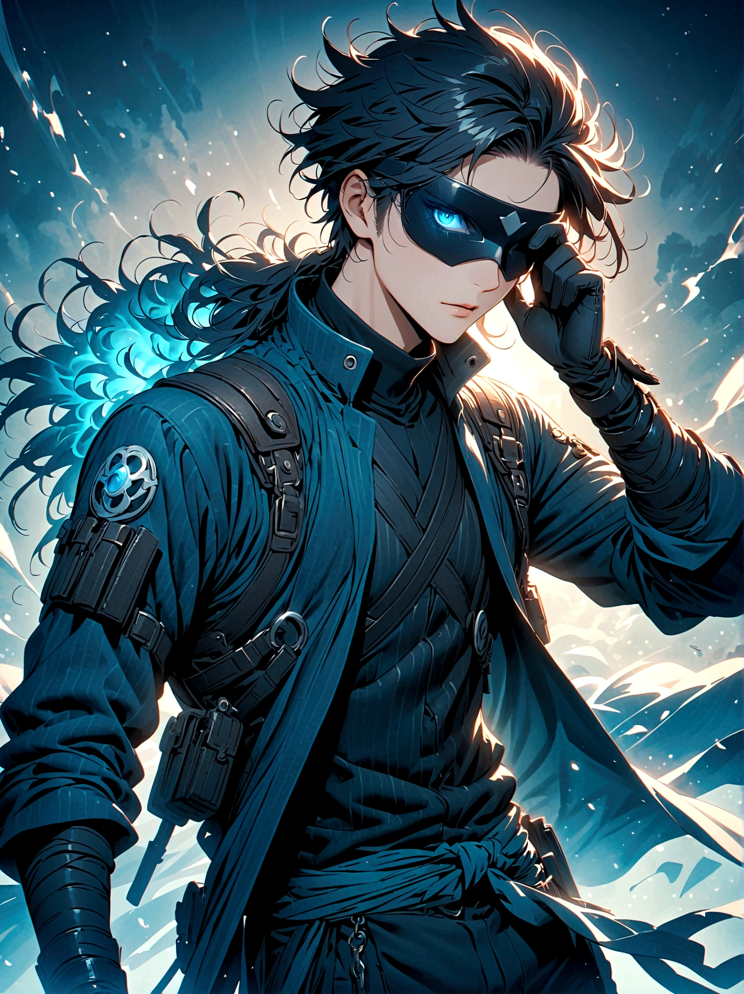 A fictional anime character sporting a silver spiky hair, wearing a headband tilted to cover one eye. He is dressed in a typical ninja attire, complete with a flak jacket, the fabric is in shades of blue and green. He also wears gloves and his mask is pulled up to cover the lower half of his face. He carries an aura of mystery and coolness around him.